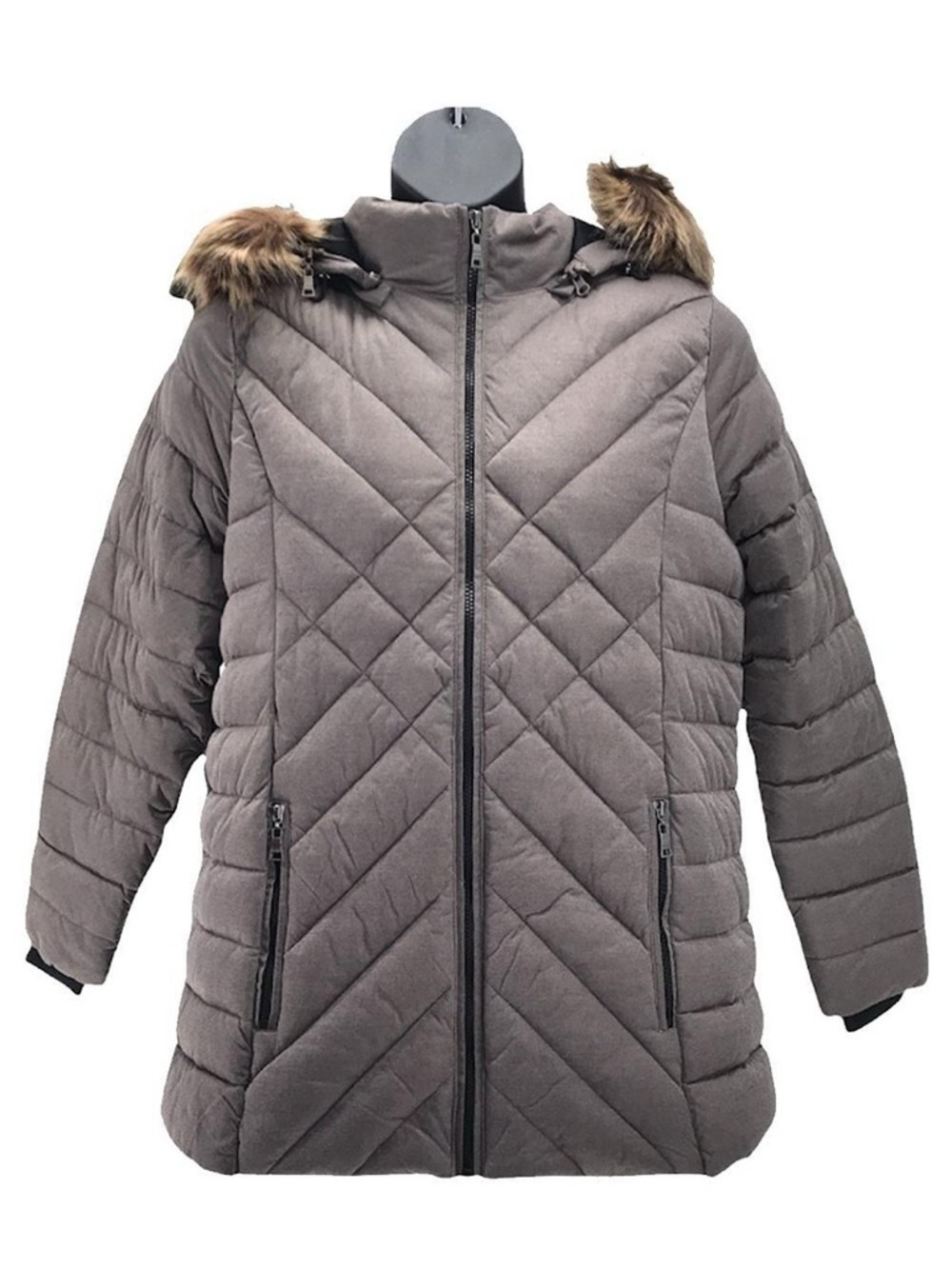 Women’s Quilted Hooded Puffer Jacket with Faux Fur Trim - Taupe